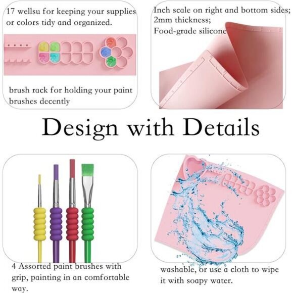 Silicone Painting Mat with Cup and Paint Holder,  4  Brushes & 1 Sponge 20"x16" - Picture 3 of 7
